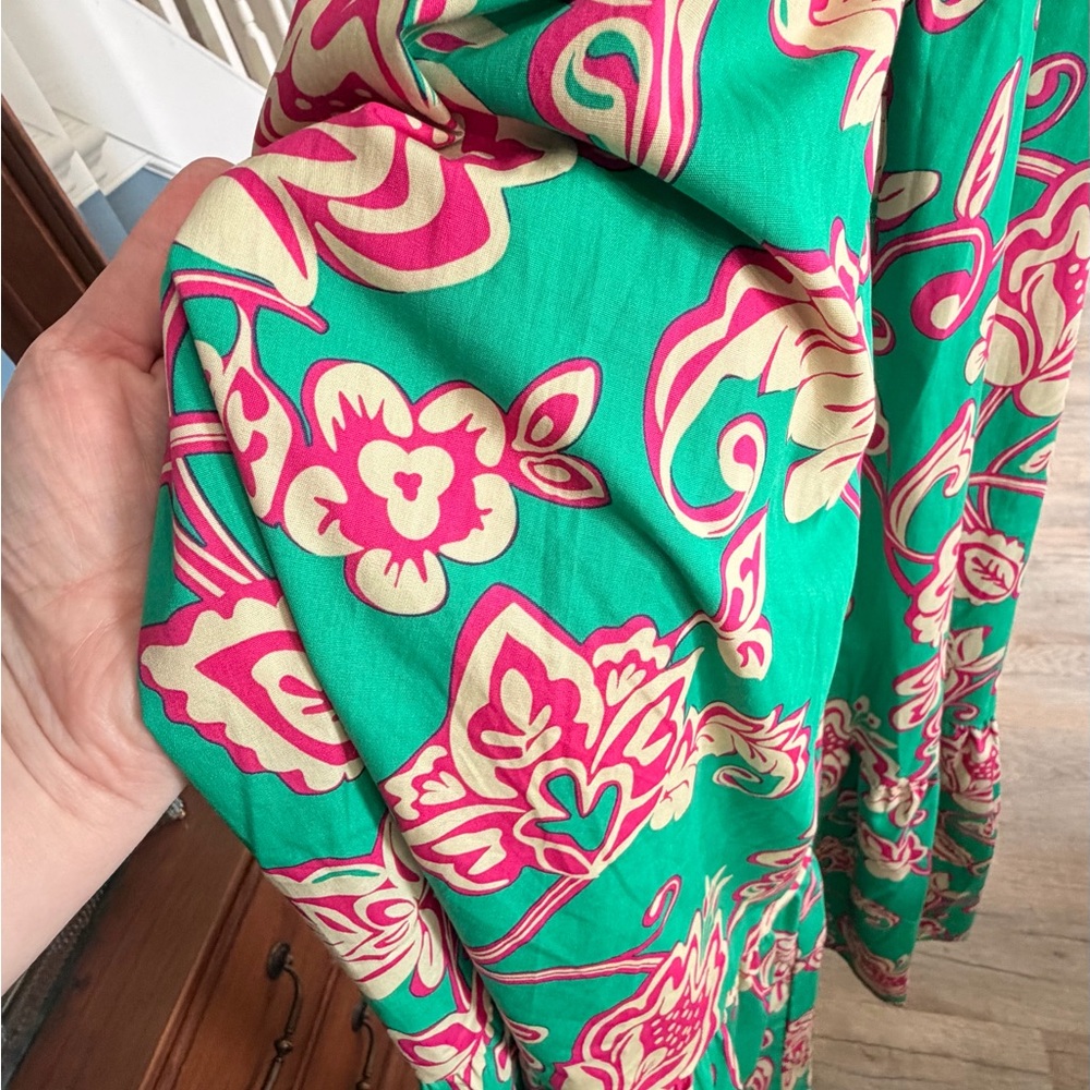 Green Floral Puff Sleeve Maxi Dress with Tie Waist - Picture 3 of 9